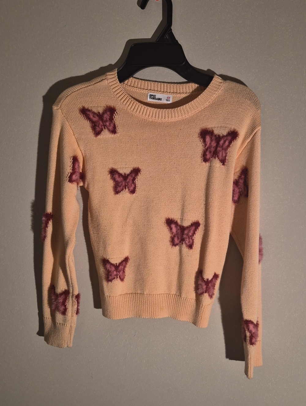 Epic Threads Peach Knit Sweater with Fuzzy Purple Butterfly Accents